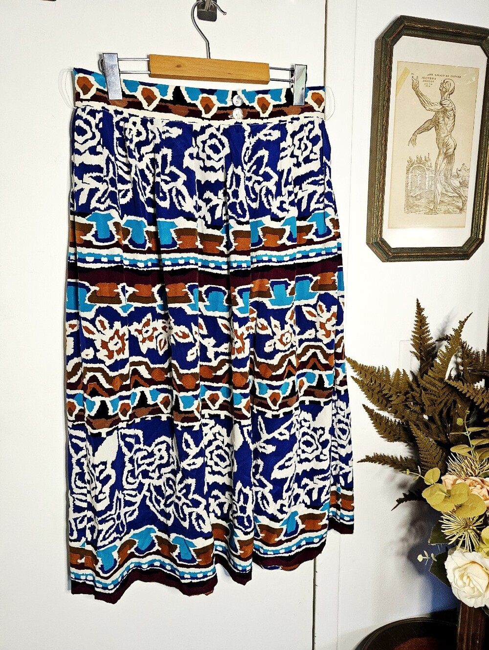 Vintage 100% Silk 80s 90s Alfred Sung Abstract Print Midi Skirt Blue Geometric